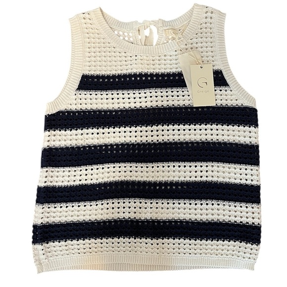 Greige Navy and White Striped Sleeveless Knit Fisherman aesthetic Top Sz L - Picture 1 of 5